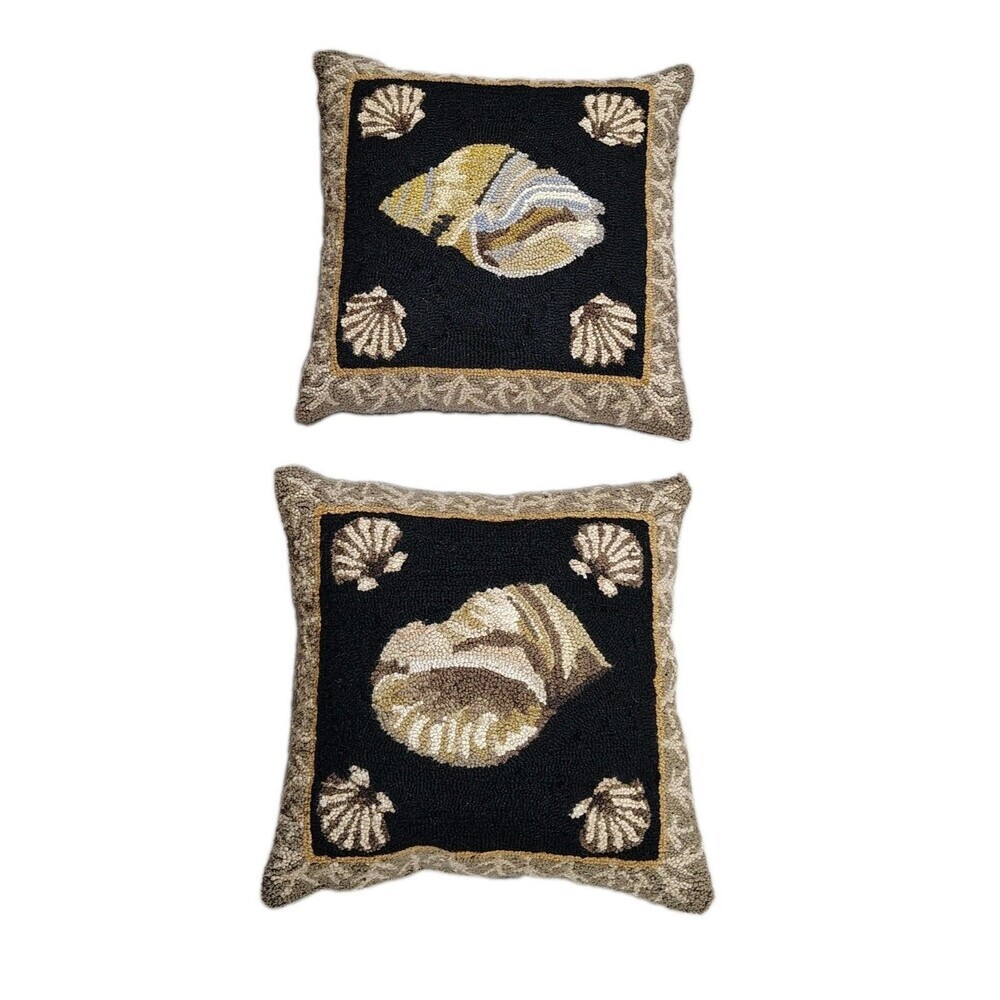 Set of 2 Coastal Seashell Hooked Throw Pillows Black Nautical Beach Cottage